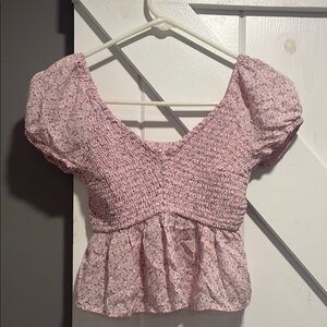 Hollister Pink Puff Sleeve Smocked Peplum Blouse with Daisy Design